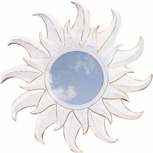 Sun mirror, decorative mirror made of wood in the shape of a sun - antique white 2 - 60x60x1 cm  60 cm