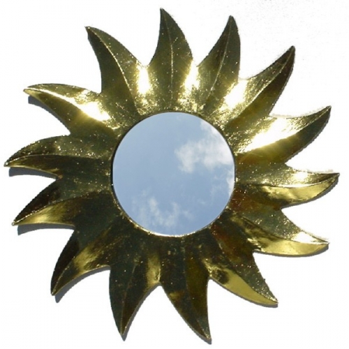 Sun mirror, deco mirror made of wood in the shape of the sun - gold 2 - 34x34x1 cm  33 cm