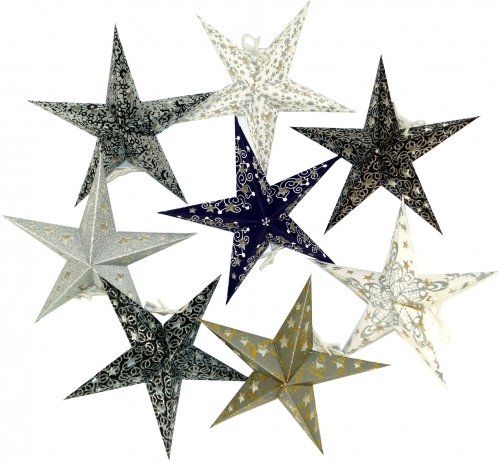 8 pcs. star for fairy lights, paper mini stars 20 cm set, foldable - black/white/gray/glitter