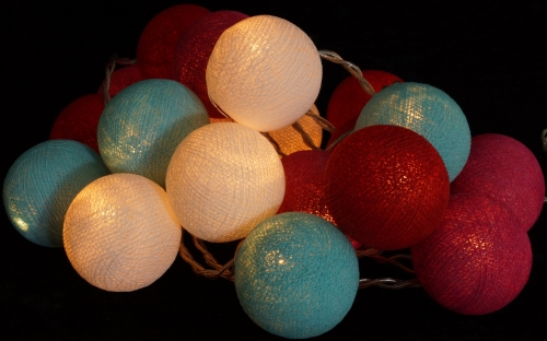 Fabric ball battery light chain 3xAA LED ball light chain - turquoise/white/red - 6x6x315 cm  6 cm