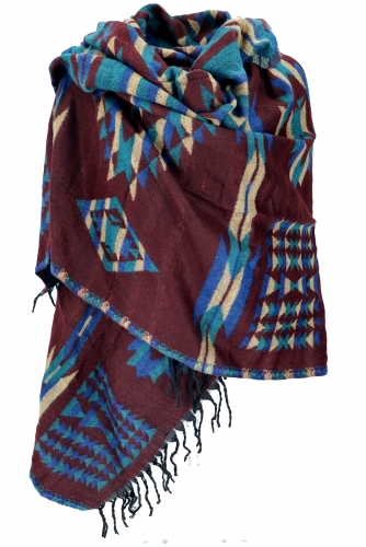 Soft pashmina scarf/stole, shoulder scarf - Maya pattern reddish brown/turquoise - 200x100 cm