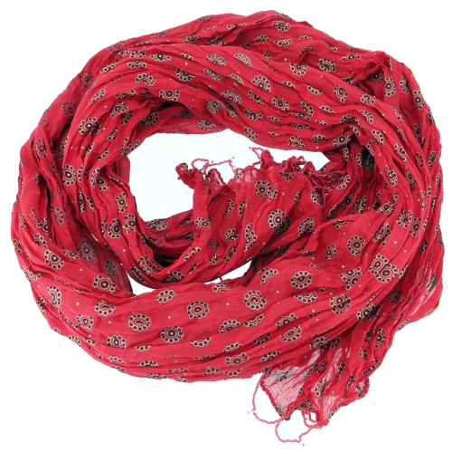 Indian cotton cloth, light scarf with gold print and beaded border - red/black - 190x95 cm