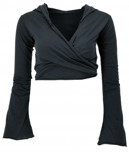 Wrap top, yoga top, long-sleeved shirt with trumpet sleeves - black