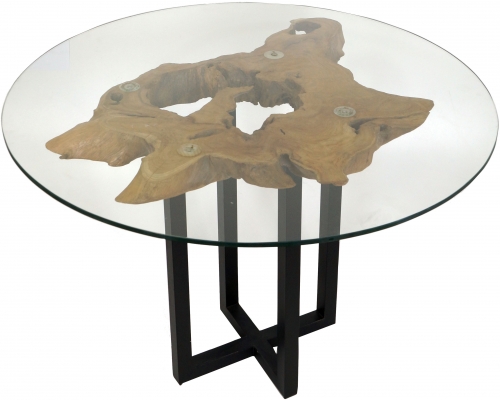 Tisch, Esstisch, Kaffeetisch, Beistelltisch, Couchtisch mit Baumscheibe und runder Glasplatte - Modell 6 - 70x98x98 cm  98 cm