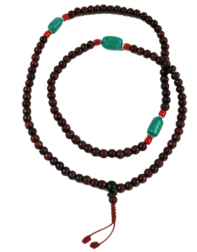 Tibetische Gebetskette, buddhistische Mala Halskette aus Holzperlen und Trkisen - Modell 27 - 80 cm