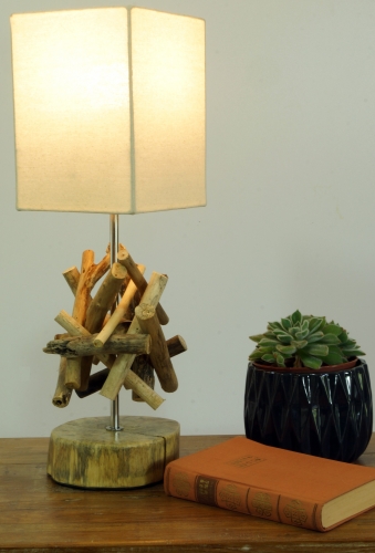 Tischleuchte / Tischlampe Bilbao, Treibholz, Baumwolle, in Bali handgemacht aus Naturmaterial - Modell Bilbao - 50x15x15 cm 