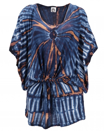 Batik tunic with belt strap, maxi tunic, beach dress, plus size - blue/beige