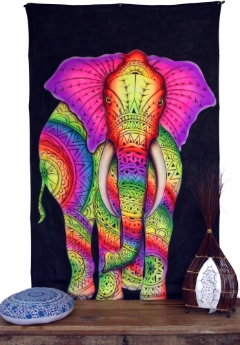 Goa Wandtuch, UV Schwarzlicht Wandbehang, pcychedelic Wandbild - Elefant - 180x110x0,2 cm 