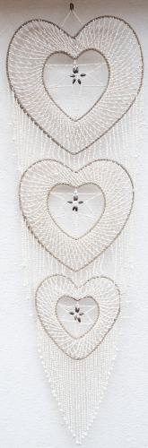 Large maritime wall decoration, 3 hearts made of woven shells - natural - 200x60x2 cm 