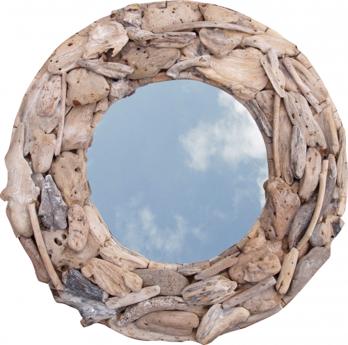 Round driftwood mirror, decorative mirror with driftwood pieces in frame -  90 cm wall mirror