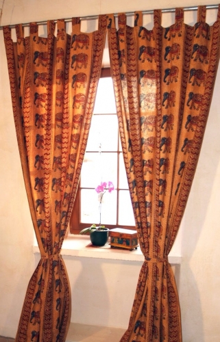 Boho Vorhnge, Gardine (1 Paar ) mit Schlaufen, handbedruckter ethno Style Vorhang - Elefant / gelb - 290x100x0,2 cm 