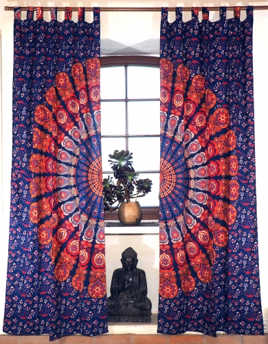 Boho Vorhnge, Gardine (1 Paar ) mit Schlaufen, handbedruckter ethno Style Vorhang, Mandala Motiv - blau/rot - 230x100x0,2 cm 