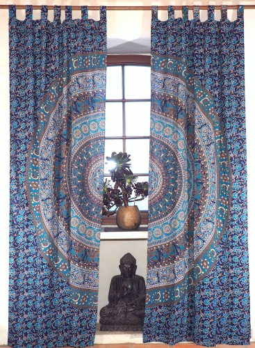 Boho Vorhnge, Gardine (1 Paar ) mit Schlaufen, handbedruckter ethno Style Vorhang, Mandala Motiv - blau/trkis - 230x100x0,2 cm 