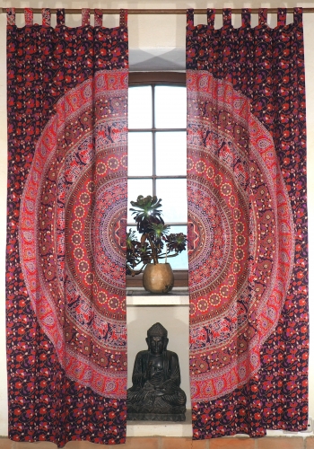 Boho Vorhnge, Gardine (1 Paar ) mit Schlaufen, handbedruckter ethno Style Vorhang, Mandala Motiv - lila/rot - 230x100x0,2 cm 