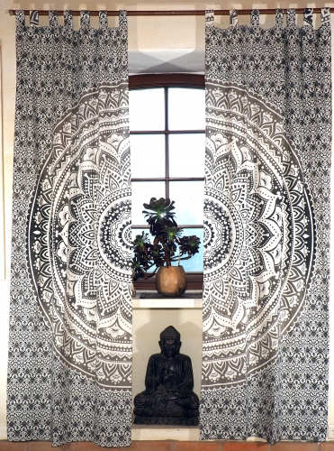 Boho Vorhnge, Gardine (1 Paar ) mit Schlaufen, handbedruckter ethno Style Vorhang, Mandala Motiv - wei/grau/schwarz - 230x100x0,2 cm 