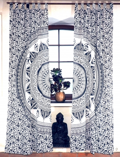 Boho Vorhnge, Gardine (1 Paar ) mit Schlaufen, handbedruckter ethno Style Vorhang, Mandala Motiv - wei/grau - 230x100x0,2 cm 