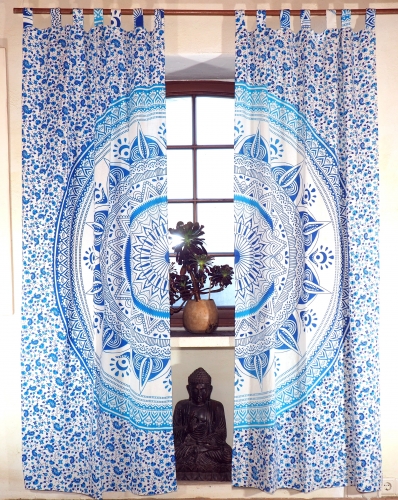 Boho Vorhnge, Gardine (1 Paar ) mit Schlaufen, handbedruckter ethno Style Vorhang, Mandala Motiv - wei/trkis - 230x100x0,2 cm 