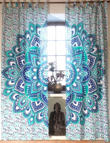 Boho Vorhnge, Gardine (1 Paar ) mit Schlaufen, handbedruckter ethno Style Vorhang, Mandala Motiv - wei/trkis/blau - 230x100x* cm 