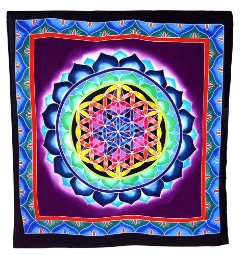 Wall hanging, wall cloth, wall picture, batik cloth - flower of life blue/purple - 105x95x0,2 cm 