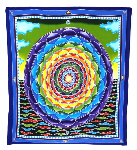 Wandbehang, Wandtuch, Wandbild, Batiktuch - Lotus Mandala blau/grn - 110x100x0,2 cm 