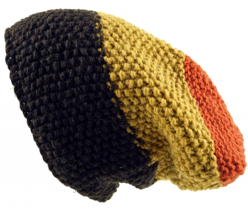 Wool hat with bead pattern, Nepal hat with stripe pattern - brown/colorful
