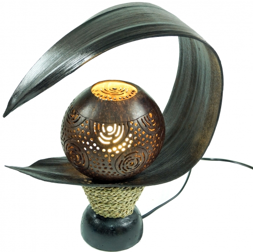 Palmenblatt Tischlampe / Tischleuchte, in Bali handgemacht aus Naturmaterial, Palmholz - Modell Palmera carving - 32x30x16 cm 