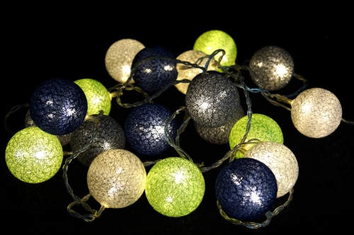 Fabric ball battery light chain 3xAA, LED ball light chain - green/blue/gray - 6x6x315 cm  6 cm