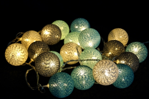 Fabric ball light chain, LED ball lantern light chain - turquoise/gray - 7x350x7 cm 