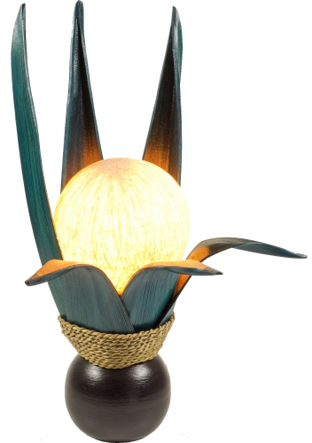 Palmenblatt Lotus Tischlampe / Tischleuchte, in Bali handgemacht aus Naturmaterial, Palmholz - Modell Palmera 8 petrol - 47x26x26 cm 