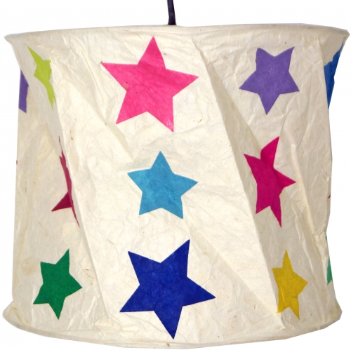 Round paper hanging lamp, Lokta paper lampshade Annapurna, handmade paper - white/colorful stars - 25x28x28 cm  28 cm