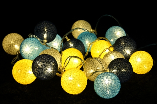 Stoff Ball Lichterkette, LED Kugel Lampion Lichterkette - grau/blau/gelb - 6x6x435 cm  6 cm