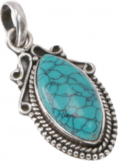 Boho silver pendant, indian silver chain pendant - turquoise