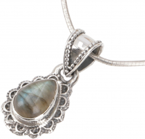 Boho silver pendant, indian silver chain pendant - labradorite