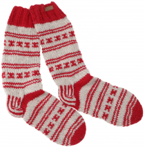 Handgestrickte Schafwollsocken, Nepal Socken 44-46 - rot/grau