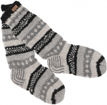Handgestrickte Schafwollsocken, Nepal Socken 44-46 - grau/schwarz