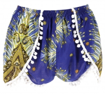 Lightweight Panties, Print Shorts with Pom Poms - Blue