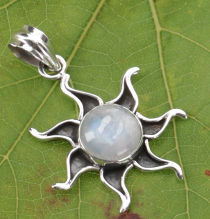 Ethno silver pendant, Mexican sun pendant - moonstone