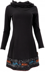 Boho patchwork mini dress with shawl collar - black