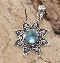 Ethno silver pendant, Brazilian sun pendant - aquamarine faceted