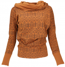Loose longshirt organic cotton, boho shirt shawl hood - caramel/t..