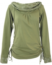 Organic cotton long shirt, boho shirt shawl hood - olive green