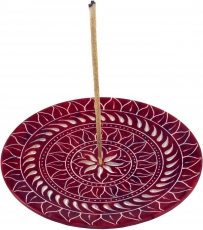 Indian soapstone incense holder, candle plate - Sun Mandala red