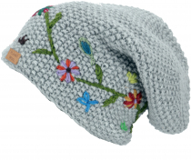 Wool beanie with flower embroidery, Nepal cap - gray