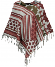 Ethno, hippie poncho with long pointed hood - rust red/gray