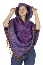 Ethno, hippie poncho with long pointed hood - purple