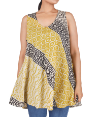 Boho blouse top, light long top block print - yellow/black