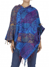 Ethno, hippie poncho with long pointed hood - blue