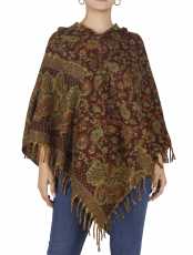 Ethno, hippie poncho with long pointed hood - wine red/green