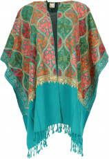 Embroidered poncho scarf, poncho, cape scarf - turquoise