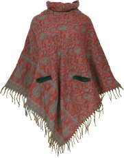 Poncho hippie chic, long paisley poncho with ruffled collar - red